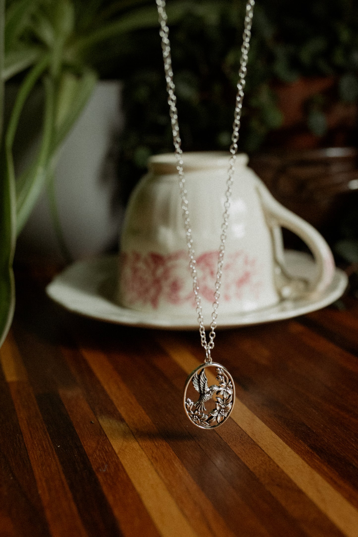 Sterling Silver Flowers and Hummingbird Necklace