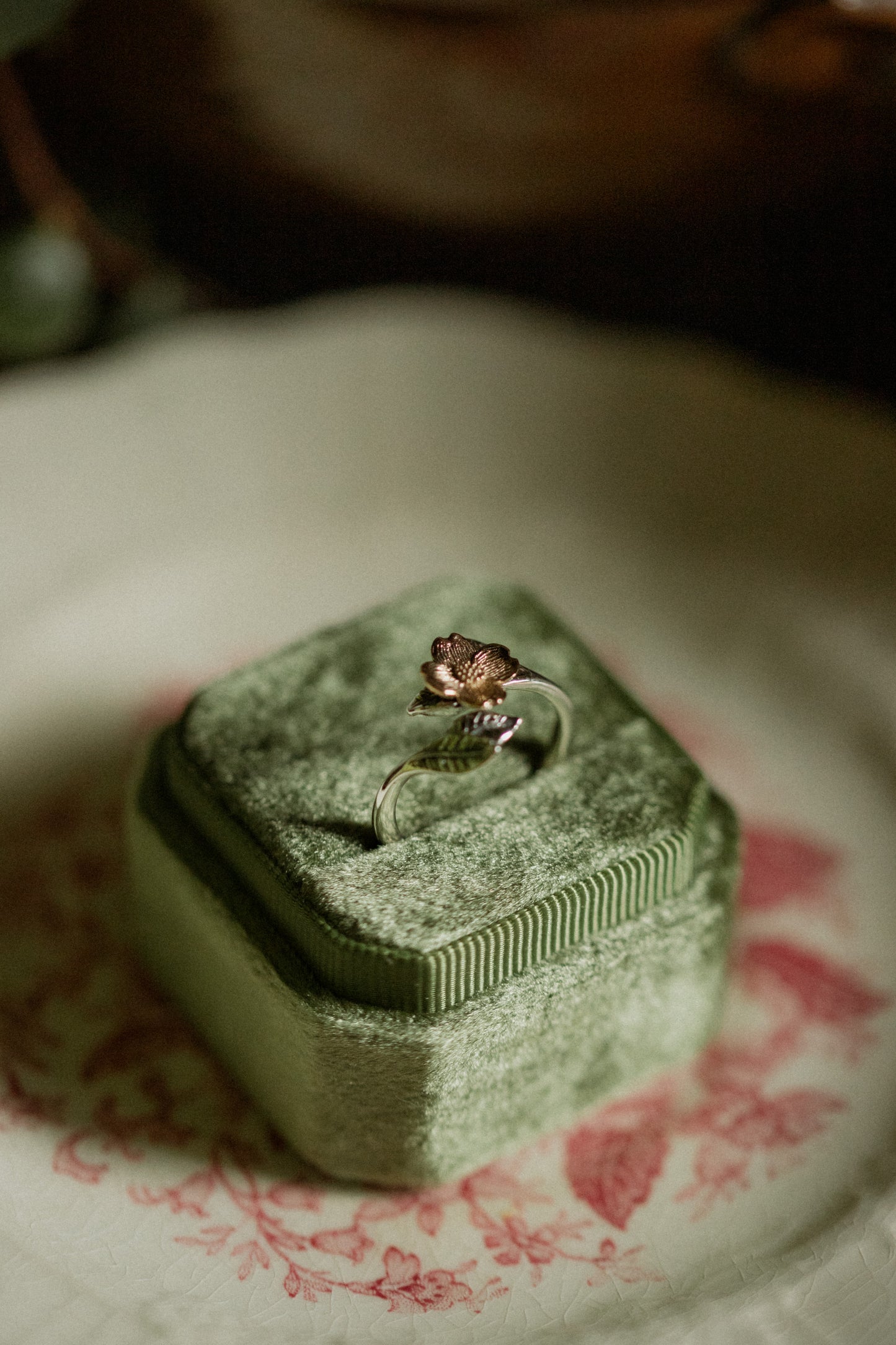 Mixed Metal Adjustable Dogwood Flower and Leaves Ring