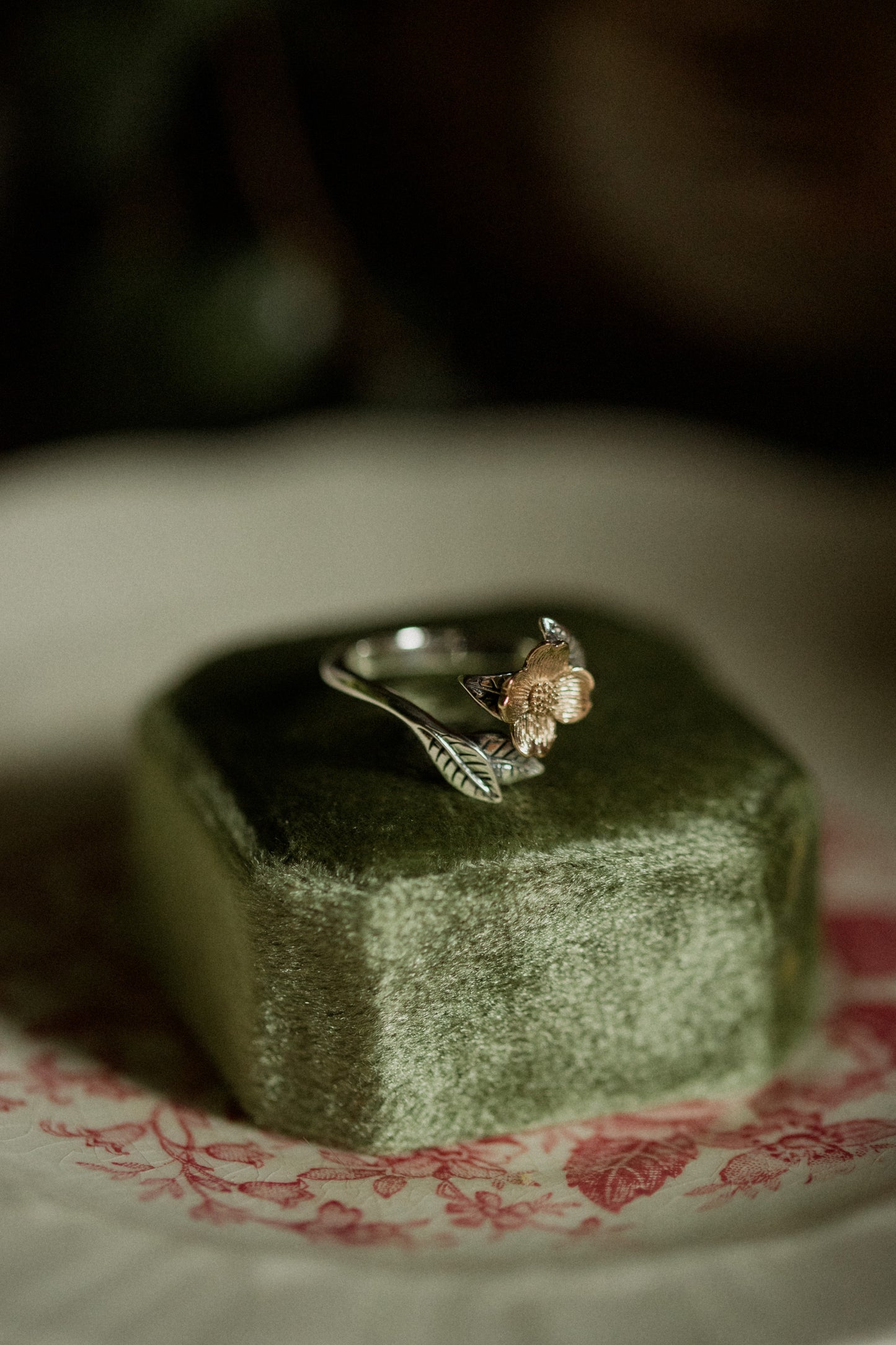 Mixed Metal Adjustable Dogwood Flower and Leaves Ring